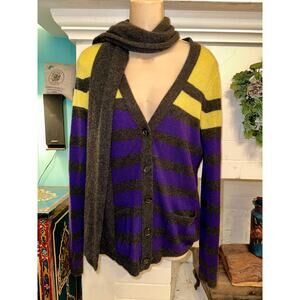 VINTAGE Y2K VKOO STRIPED CASHMERE CARDIGAN SWEATER W/ ATTACHED SCARF S